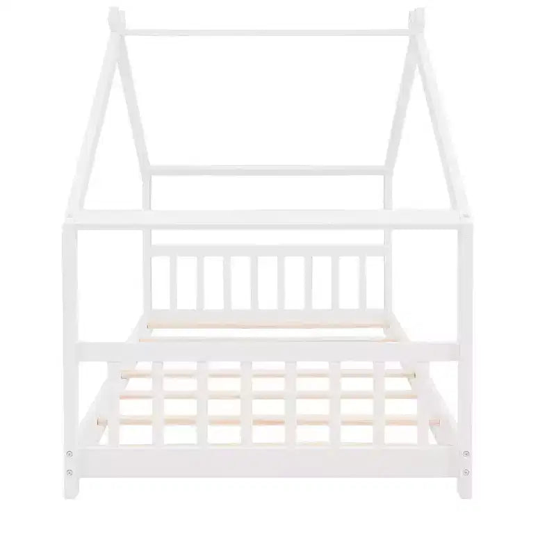 Twin/Full Kids Floor House Bed, Wood Montessori House Bed Frame with Fence, Playhouse Tent Bed with Roof