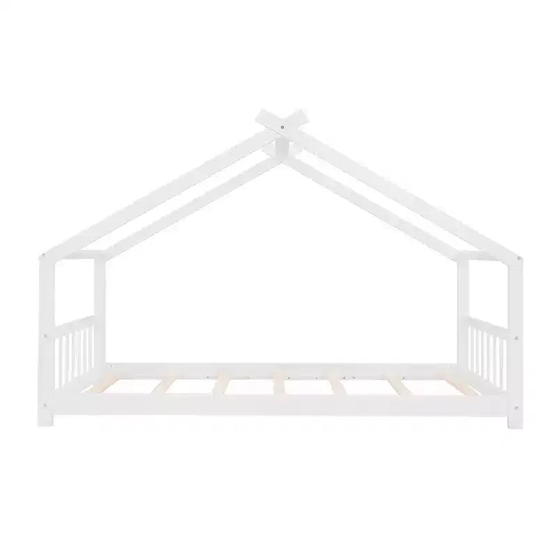Twin/Full Kids Floor House Bed, Wood Montessori House Bed Frame with Fence, Playhouse Tent Bed with Roof