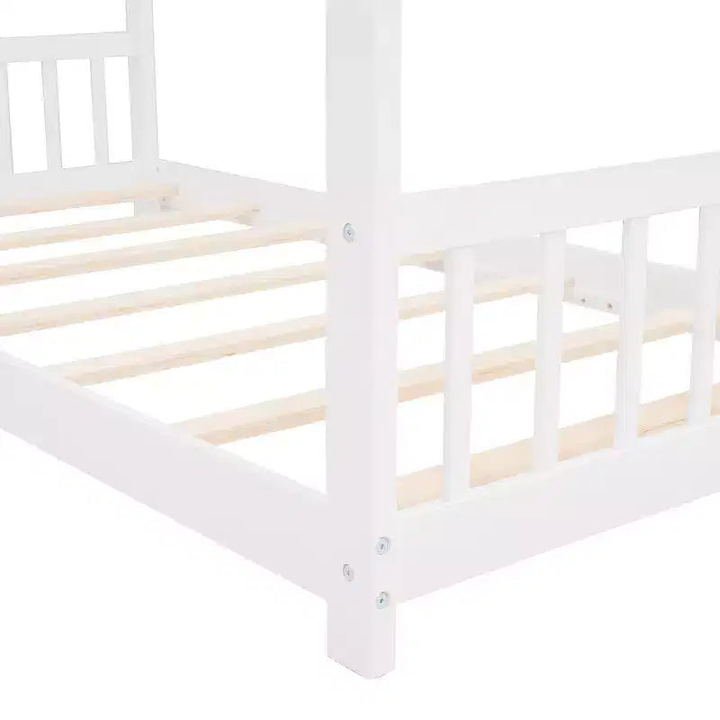 Twin/Full Kids Floor House Bed, Wood Montessori House Bed Frame with Fence, Playhouse Tent Bed with Roof