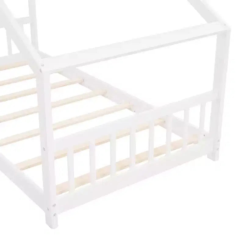 Twin/Full Kids Floor House Bed, Wood Montessori House Bed Frame with Fence, Playhouse Tent Bed with Roof