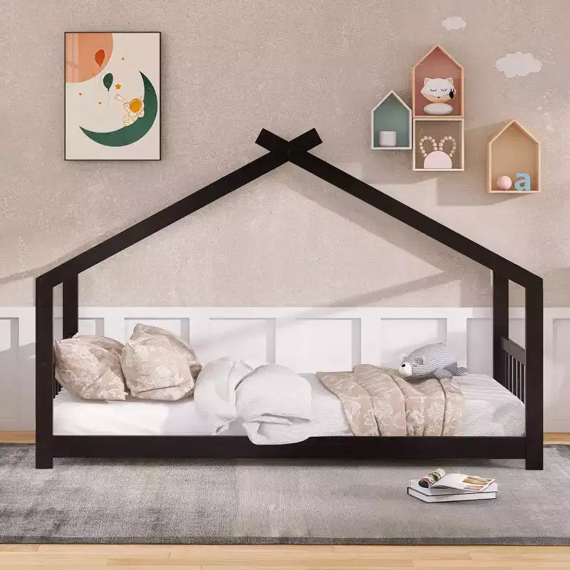 Twin/Full Kids Floor House Bed, Wood Montessori House Bed Frame with Fence, Playhouse Tent Bed with Roof