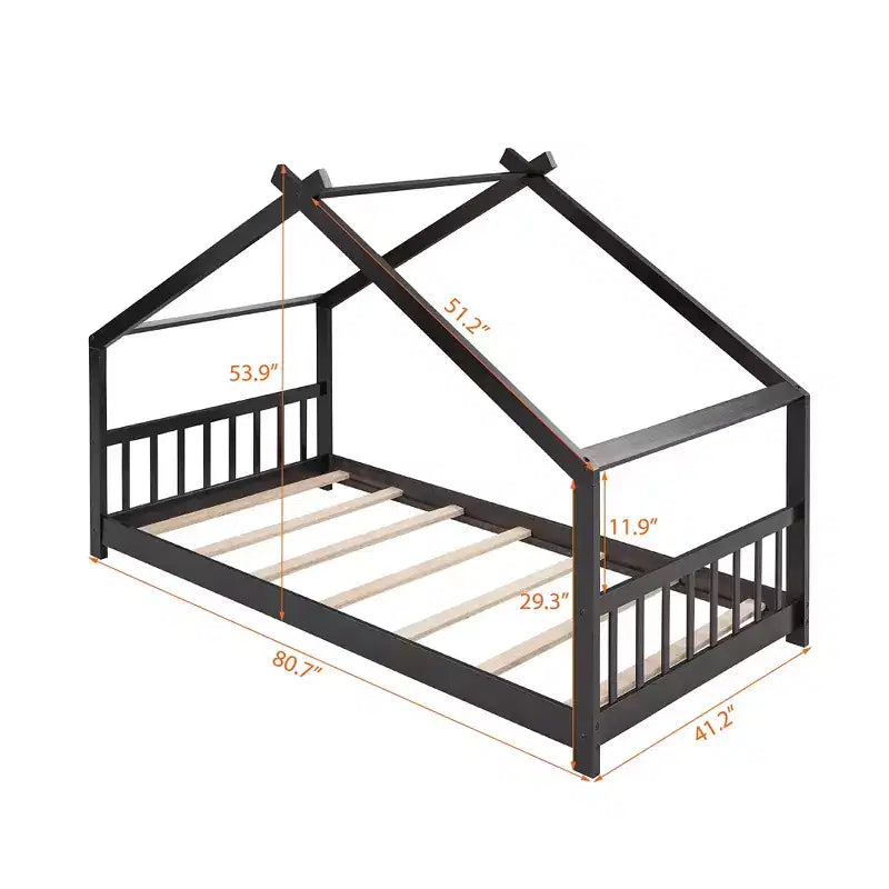 Twin/Full Kids Floor House Bed, Wood Montessori House Bed Frame with Fence, Playhouse Tent Bed with Roof