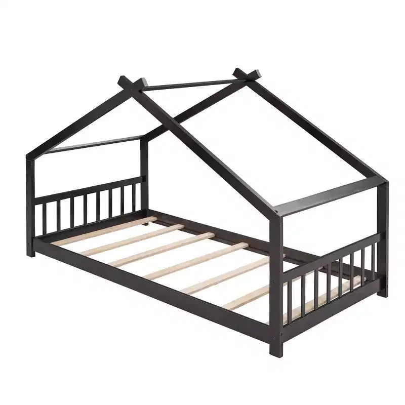 Twin/Full Kids Floor House Bed, Wood Montessori House Bed Frame with Fence, Playhouse Tent Bed with Roof
