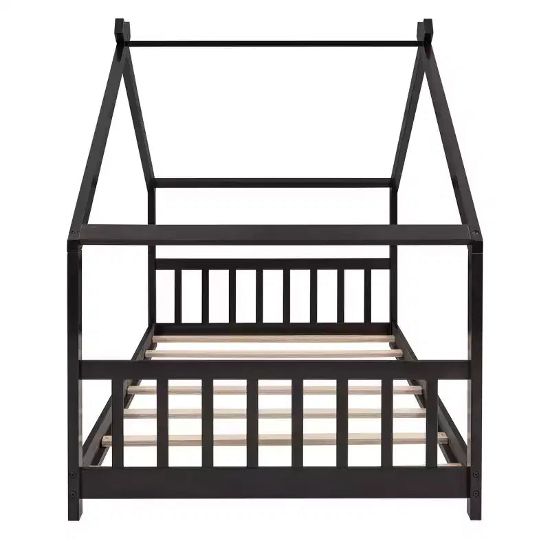 Twin/Full Kids Floor House Bed, Wood Montessori House Bed Frame with Fence, Playhouse Tent Bed with Roof
