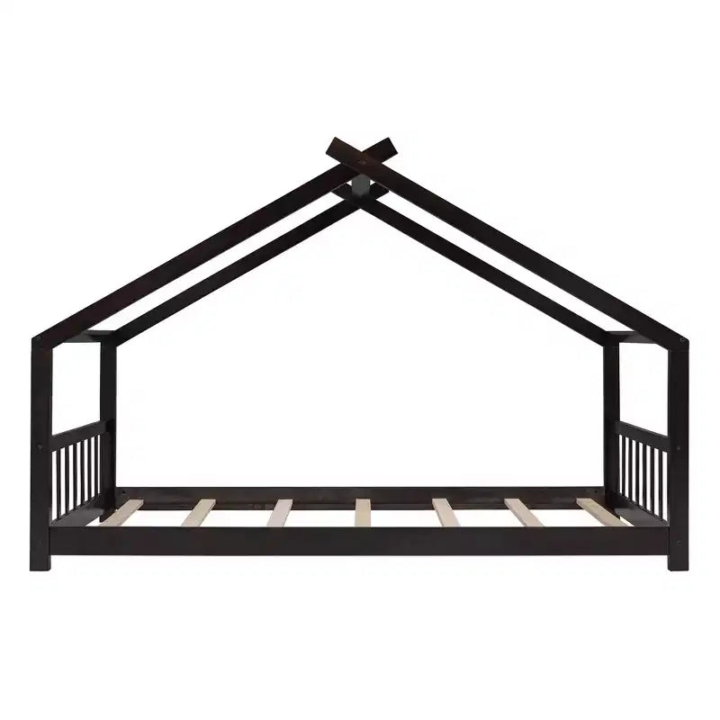 Twin/Full Kids Floor House Bed, Wood Montessori House Bed Frame with Fence, Playhouse Tent Bed with Roof