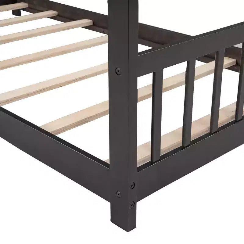 Twin/Full Kids Floor House Bed, Wood Montessori House Bed Frame with Fence, Playhouse Tent Bed with Roof