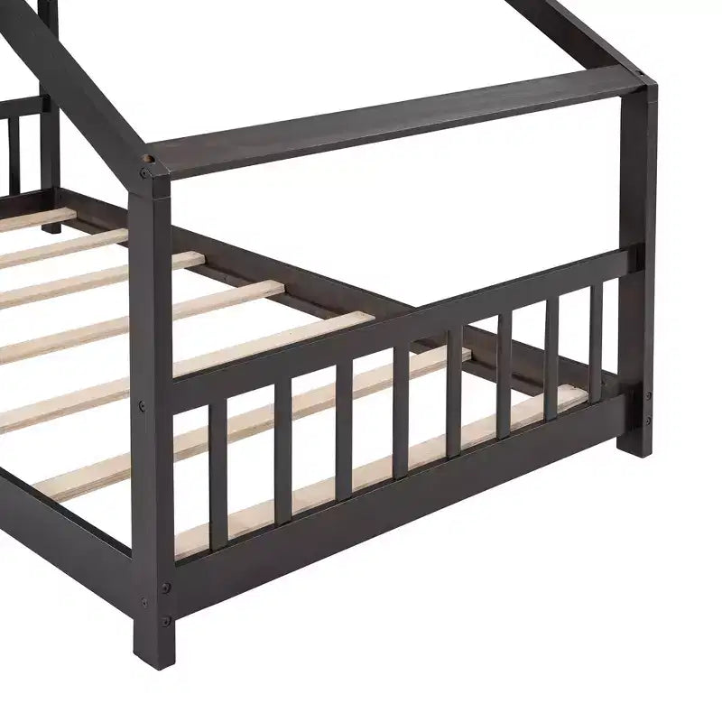 Twin/Full Kids Floor House Bed, Wood Montessori House Bed Frame with Fence, Playhouse Tent Bed with Roof