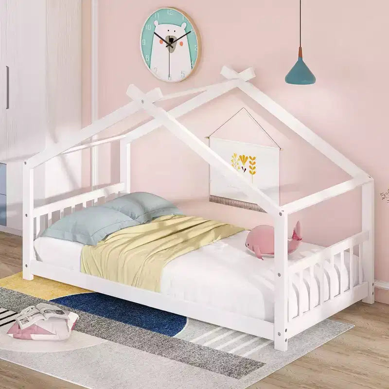 Twin/Full Kids Floor House Bed, Wood Montessori House Bed Frame with Fence, Playhouse Tent Bed with Roof
