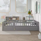 Okak Full Floor Bed Frame with Extra-Tall Safety Rails, Wood Bed Frame with Convenient Entry Door for Bedroom, Gray