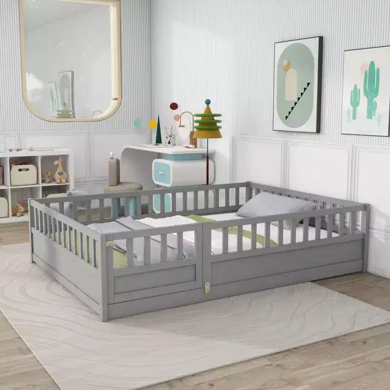 Full Floor Bed Frame with Extra-Tall Safety Rails, Wood Bed Frame with Convenient Entry Door for Bedroom, Gray