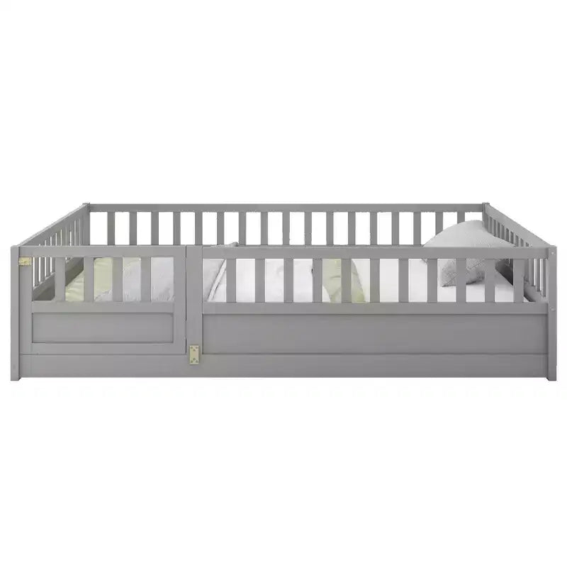 Full Floor Bed Frame with Extra-Tall Safety Rails, Wood Bed Frame with Convenient Entry Door for Bedroom, Gray