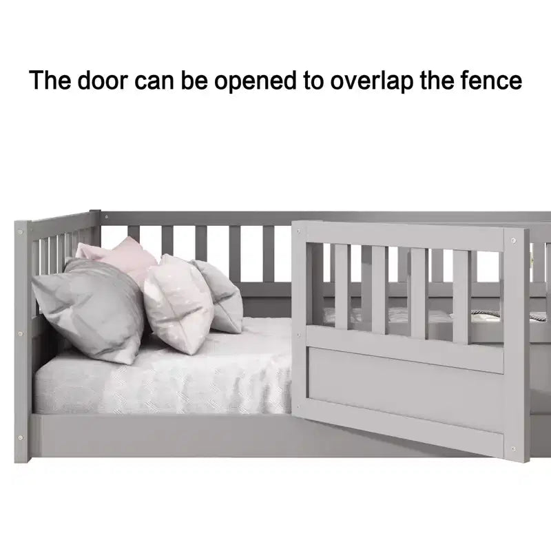 Full Floor Bed Frame with Extra-Tall Safety Rails, Wood Bed Frame with Convenient Entry Door for Bedroom, Gray
