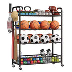 Ball Storage Rack, Rolling Sports Equipment Organizer with Wheels