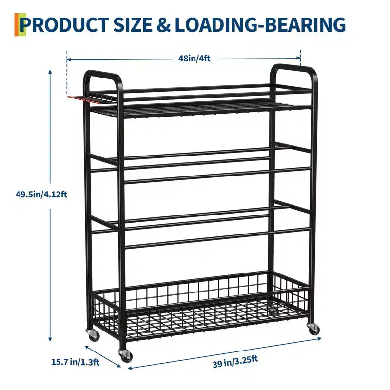 Ball Storage Rack, Rolling Sports Equipment Organizer with Wheels