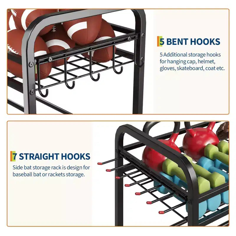 Ball Storage Rack, Rolling Sports Equipment Organizer with Wheels
