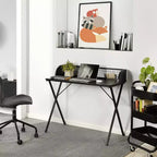 Bureau informatique avec étagère de rangement grillagée, Bureau gaming avec cadre métallique robuste en X, Table d'écriture pour la maison et le bureau, pour le jeu et les études, Noir