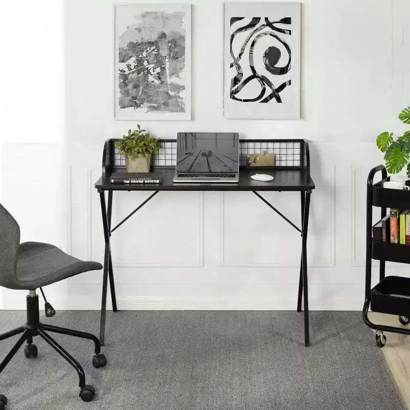 Computer Desk with Grid Storage Shelf, Gaming Desk with Sturdy X-Shaped Metal Frame, Home Office Writing Table for Gaming & Study,Black