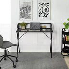 Bureau informatique avec étagère de rangement grillagée, Bureau gaming avec cadre métallique robuste en X, Table d'écriture pour la maison et le bureau, pour le jeu et les études, Noir