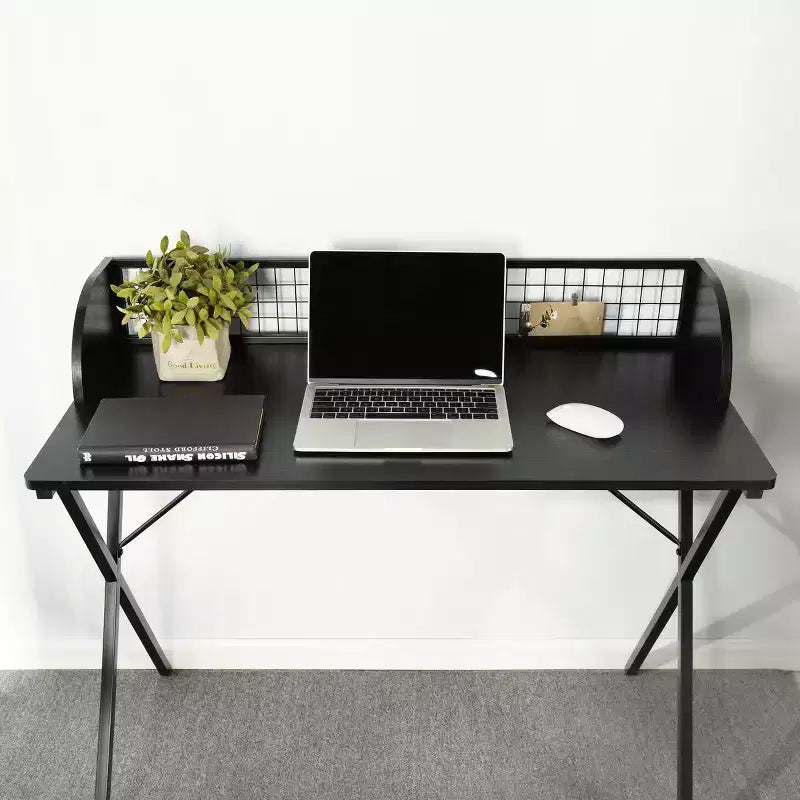 Computer Desk with Grid Storage Shelf, Gaming Desk with Sturdy X-Shaped Metal Frame, Home Office Writing Table for Gaming & Study,Black