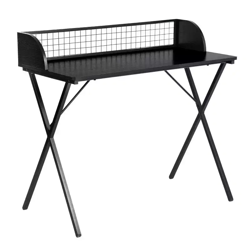 Computer Desk with Grid Storage Shelf, Gaming Desk with Sturdy X-Shaped Metal Frame, Home Office Writing Table for Gaming & Study,Black
