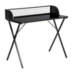 Bureau informatique avec étagère de rangement grillagée, Bureau gaming avec cadre métallique robuste en X, Table d'écriture pour la maison et le bureau, pour le jeu et les études, Noir