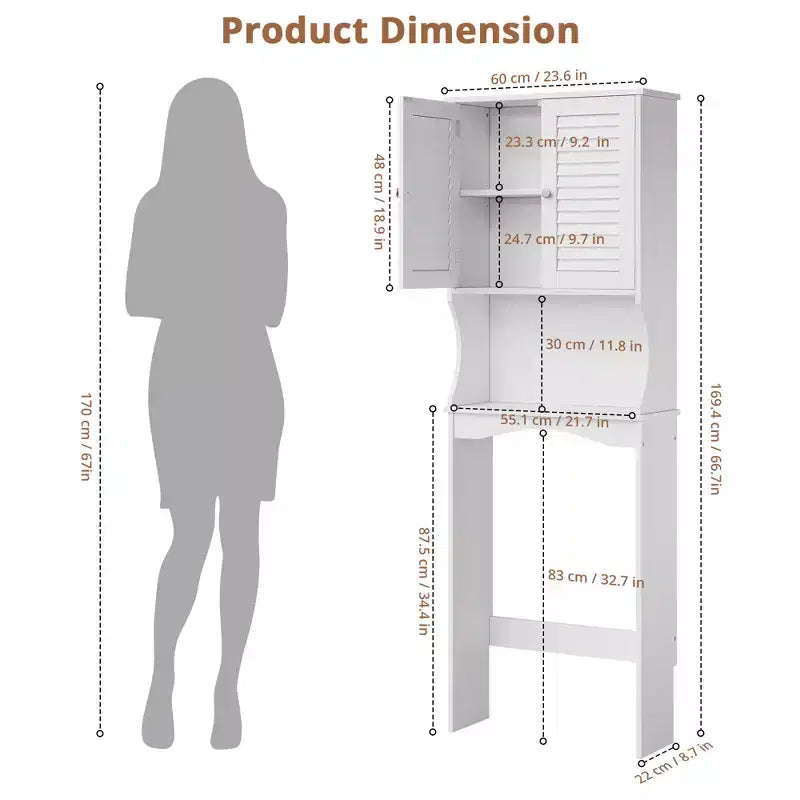Over The Toilet Storage Cabinet, Above Toilet Bathroom Organizer with Adjustable Shelf and Hooks, Bathroom Shelf Over Toilet with Anti-Tip Device