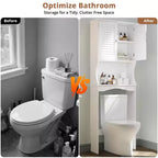 Meuble de rangement au-dessus des toilettes, Organisateur de salle de bain au-dessus des toilettes avec étagère réglable et crochets, Étagère de salle de bain au-dessus des toilettes avec dispositif anti-basculement
