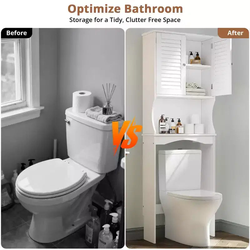 Over The Toilet Storage Cabinet, Above Toilet Bathroom Organizer with Adjustable Shelf and Hooks, Bathroom Shelf Over Toilet with Anti-Tip Device