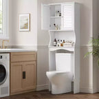 Meuble de rangement au-dessus des toilettes, Organisateur de salle de bain au-dessus des toilettes avec étagère réglable et crochets, Étagère de salle de bain au-dessus des toilettes avec dispositif anti-basculement