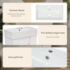 Meuble-lavabo flottant avec évier en céramique, rangement latéral droit/gauche, meuble de salle de bain mural en bois pour petite salle de bain