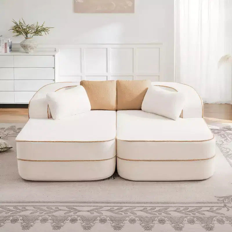 Teddy Fabric No Assembly 32D High Density sponge Boneless Sofa,Fluffy Comfy Couch with double Chaises,Sleeper sofa for Living Room,White