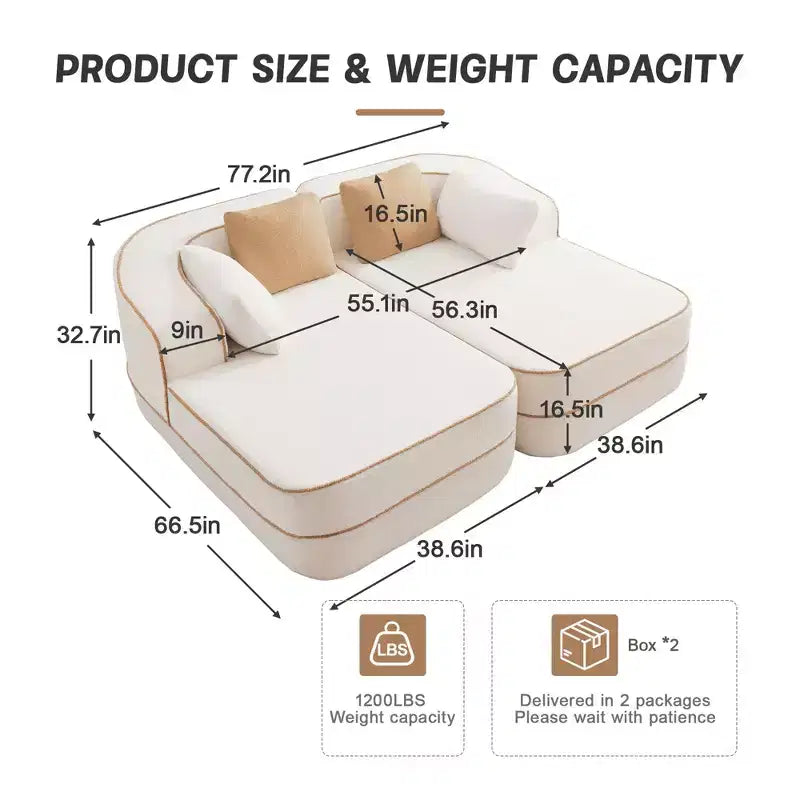 Teddy Fabric No Assembly 32D High Density sponge Boneless Sofa,Fluffy Comfy Couch with double Chaises,Sleeper sofa for Living Room,White