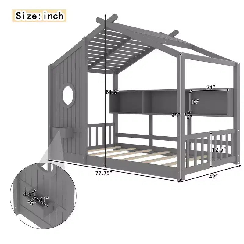 Twin Size Floor House Bed & Kids Montessori Bed, Playhouse Bed with Storage Shelf, Roof Design