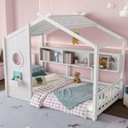 Lit de maison au sol double et lit Montessori pour enfants, lit cabane avec étagère de rangement, conception de toit