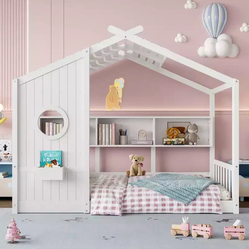 Twin Size Floor House Bed & Kids Montessori Bed, Playhouse Bed with Storage Shelf, Roof Design