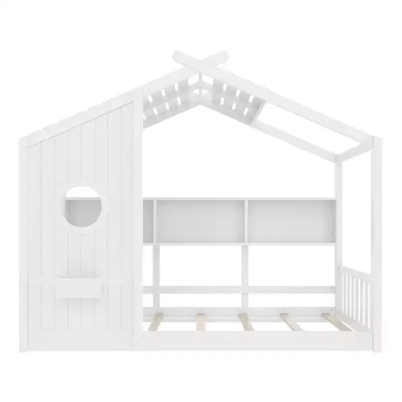 Twin Size Floor House Bed & Kids Montessori Bed, Playhouse Bed with Storage Shelf, Roof Design