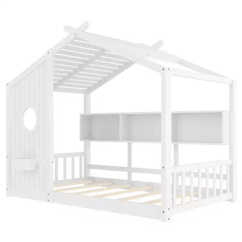 Twin Size Floor House Bed & Kids Montessori Bed, Playhouse Bed with Storage Shelf, Roof Design