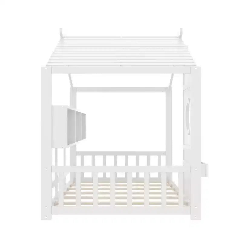 Twin Size Floor House Bed & Kids Montessori Bed, Playhouse Bed with Storage Shelf, Roof Design