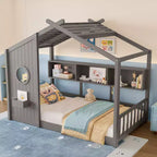 Lit de maison au sol double et lit Montessori pour enfants, lit cabane avec étagère de rangement, conception de toit