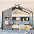 Lit de maison au sol double et lit Montessori pour enfants, lit cabane avec étagère de rangement, conception de toit