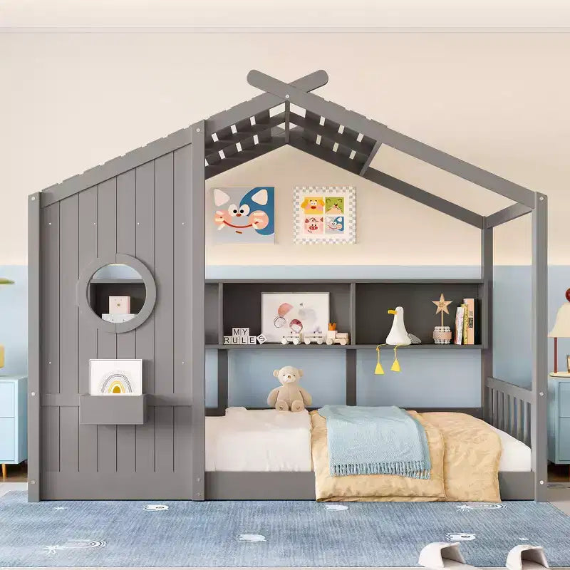 Twin Size Floor House Bed & Kids Montessori Bed, Playhouse Bed with Storage Shelf, Roof Design