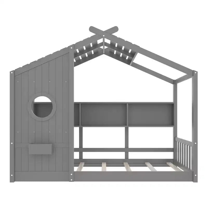 Twin Size Floor House Bed & Kids Montessori Bed, Playhouse Bed with Storage Shelf, Roof Design