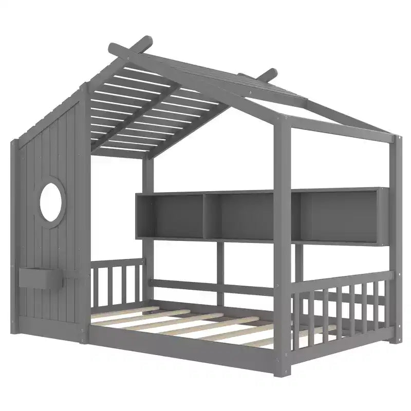 Twin Size Floor House Bed & Kids Montessori Bed, Playhouse Bed with Storage Shelf, Roof Design
