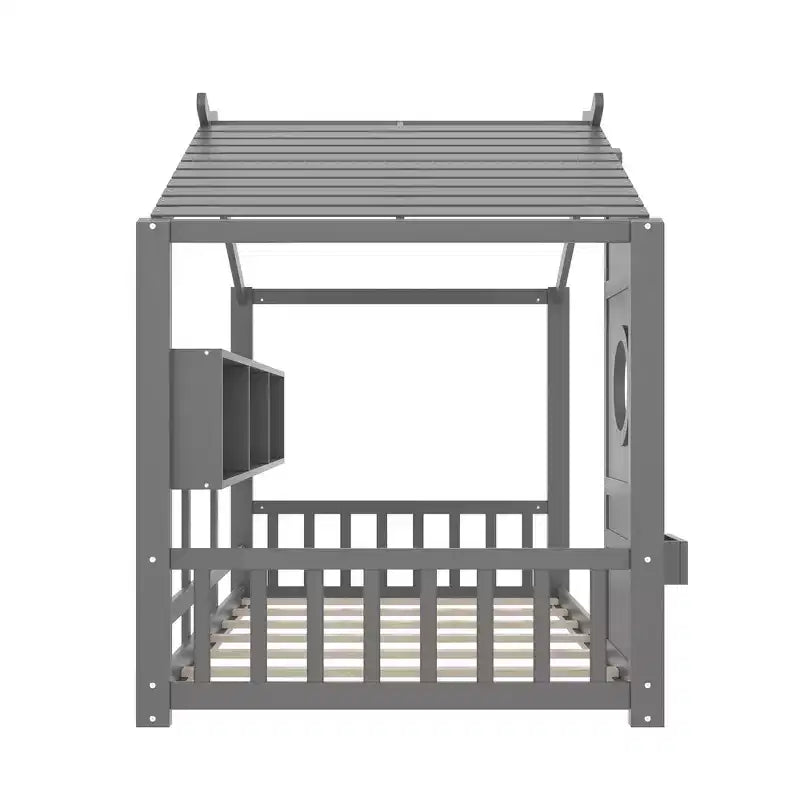 Twin Size Floor House Bed & Kids Montessori Bed, Playhouse Bed with Storage Shelf, Roof Design