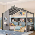 Whisen Twin Size Floor House Bed & Kids Montessori Bed, Playhouse Bed with Storage Shelf, Roof Design