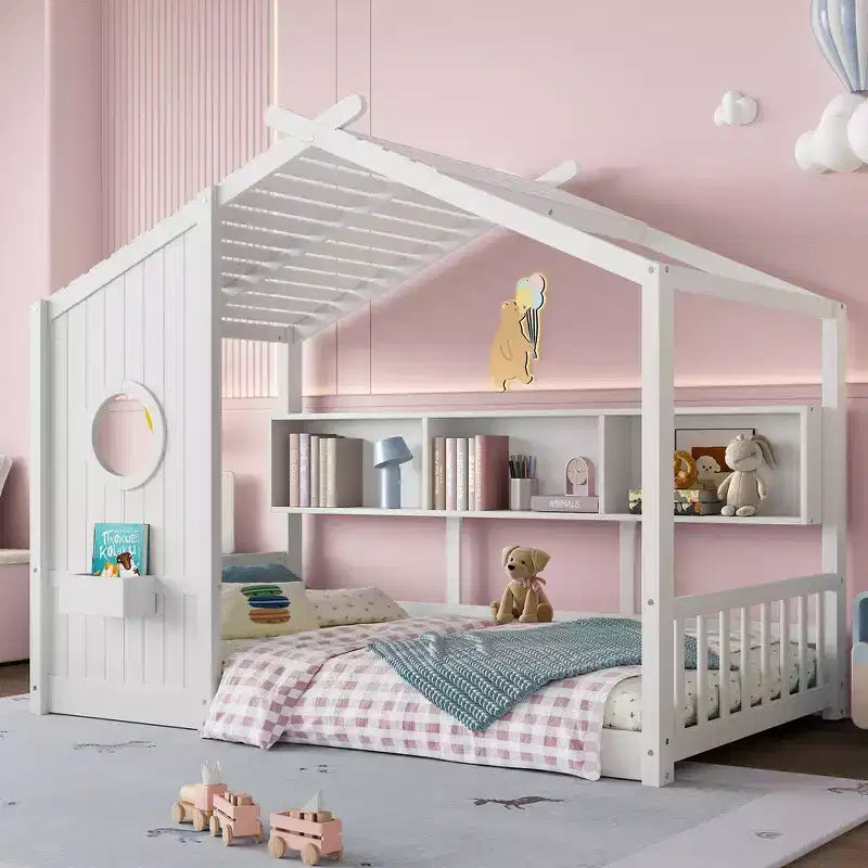 Twin Size Floor House Bed & Kids Montessori Bed, Playhouse Bed with Storage Shelf, Roof Design