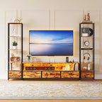TV Stand for 65 inch TVs with Bookshelves, Entertainment Center with LED Lights & Power Outlets, 5 Fabric Drawers, Industrial TV Console