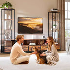 Meuble TV pour téléviseurs de 65 pouces avec étagères, meuble de divertissement avec lumières LED et prises de courant, 5 tiroirs en tissu, console TV industrielle