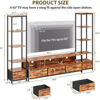 Meuble TV pour téléviseurs de 65 pouces avec étagères, meuble de divertissement avec lumières LED et prises de courant, 5 tiroirs en tissu, console TV industrielle