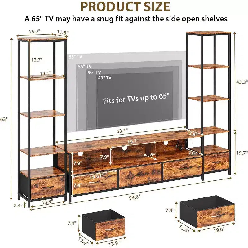TV Stand for 65 inch TVs with Bookshelves, Entertainment Center with LED Lights & Power Outlets, 5 Fabric Drawers, Industrial TV Console